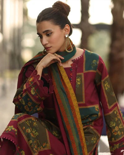 Zari Bella Crimson 3Pc Embroidered Lawn Suit – Elegant 3-Piece Outfit